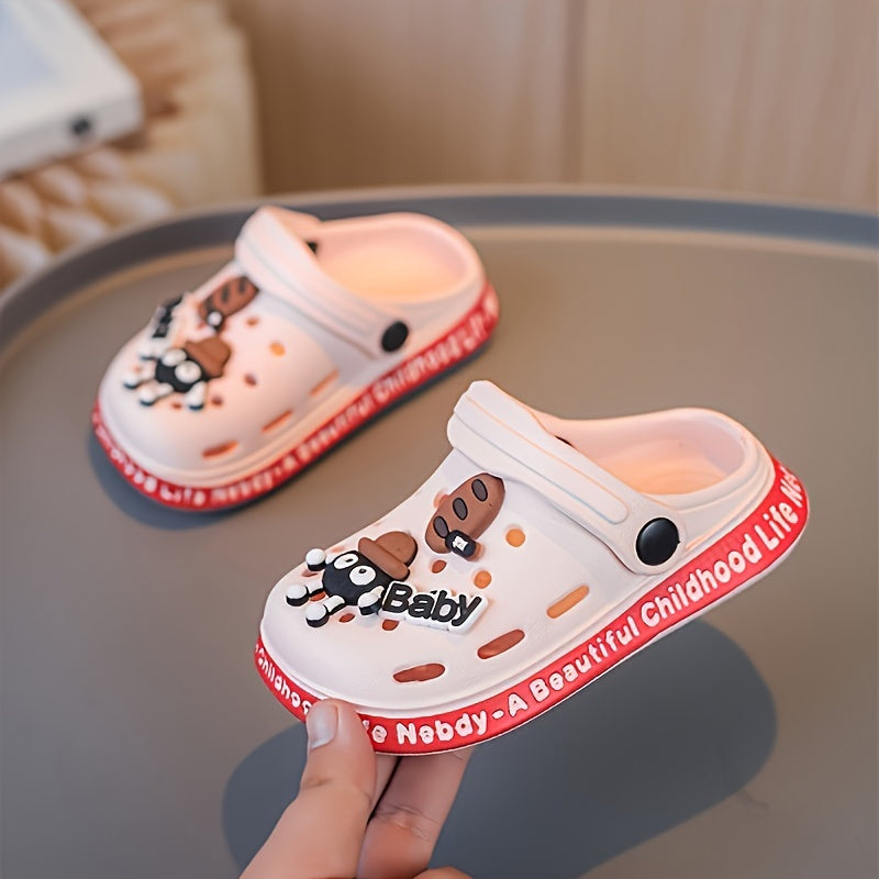 Breathable clogs with cartoon charms for babies, quick-drying anti-slip slippers for indoor and outdoor use in all seasons.