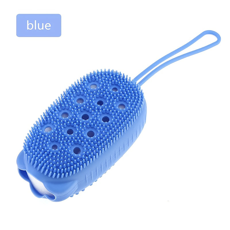 Silicone body scrubber for exfoliating and cleaning in the shower.