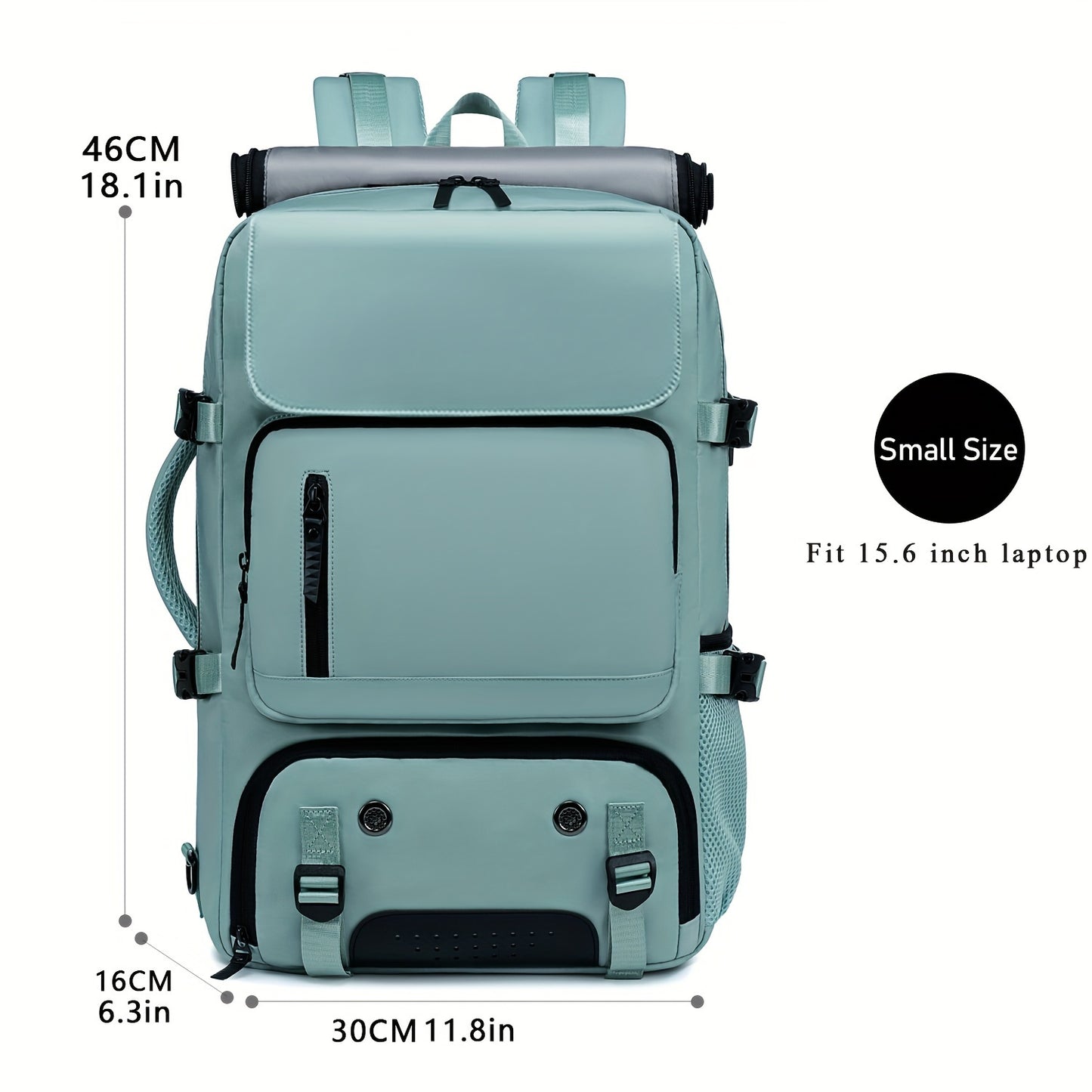 Waterproof backpack with USB port, trolley sleeve, shoe grid for outdoor activities.