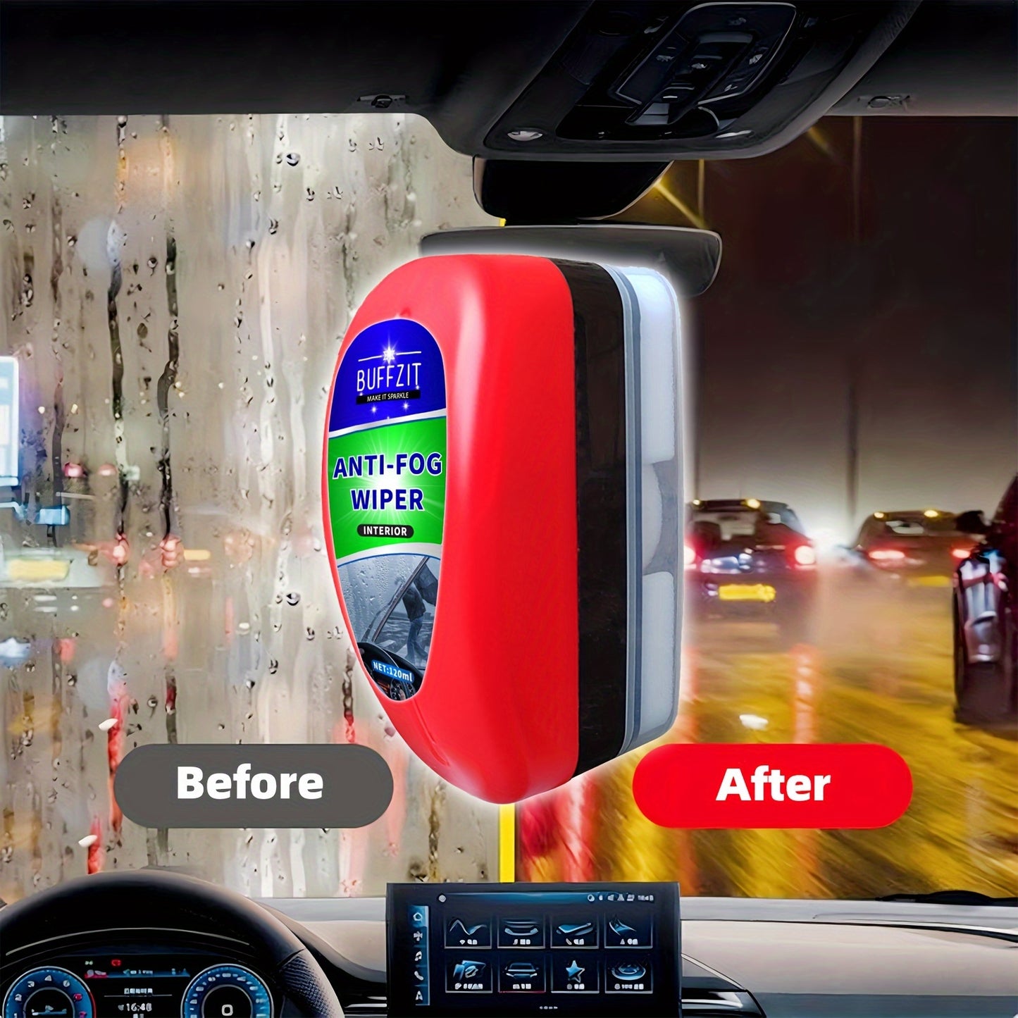 Interior windshield anti-fog spray repels water and prevents fogging.