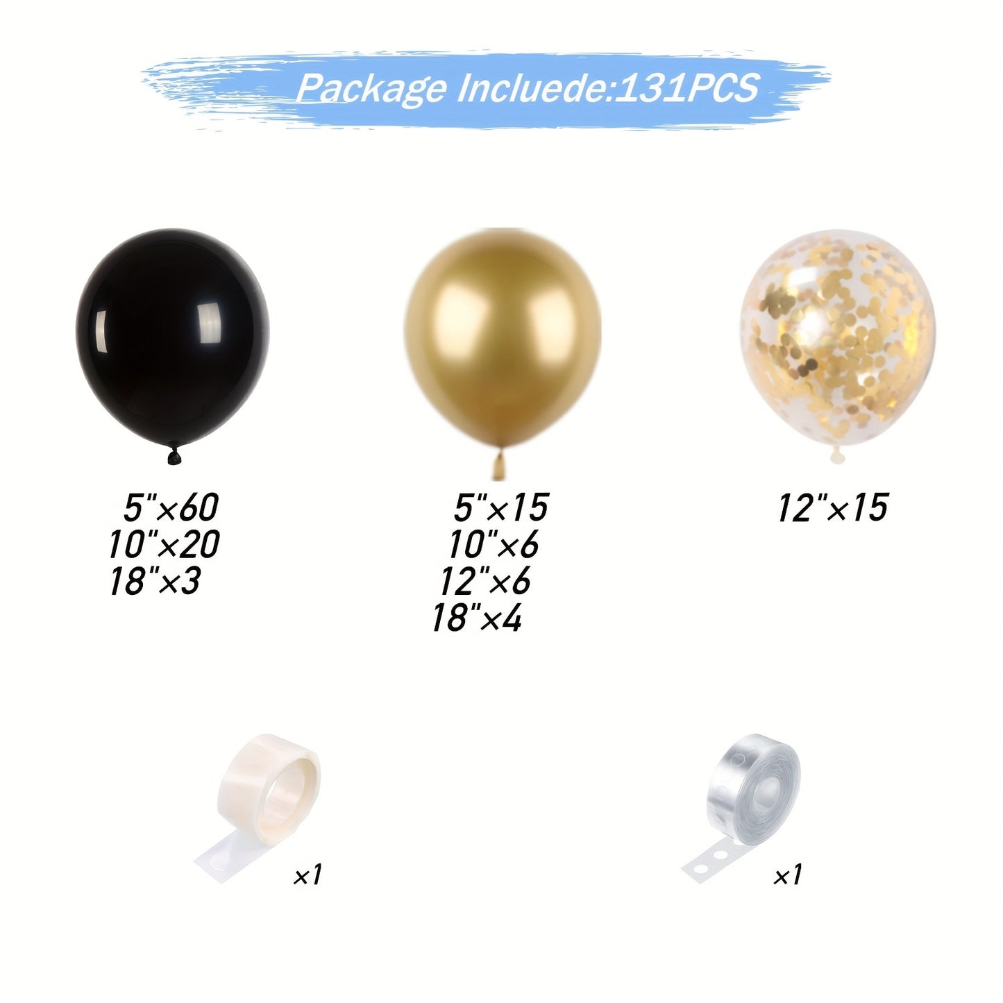 131-piece Black and Gold Balloon Garland Arch Kit including metallic gold and black latex confetti balloons in various sizes for parties and celebrations.