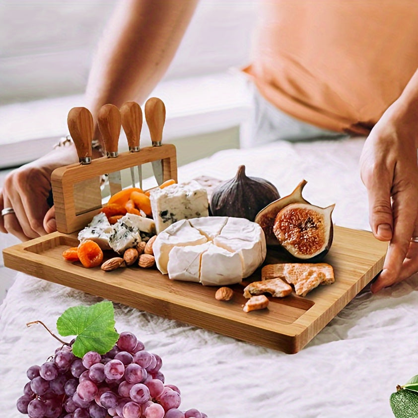 Versatile bamboo cheese board set with knife for festive occasions – perfect for serving cheese, fruit, and nuts.