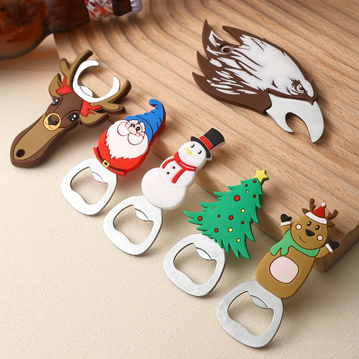 Christmas tree magnetic bottle opener with cute cartoon design, stainless steel for opening beer and soda caps, doubles as a fridge magnet for holiday kitchen decor.