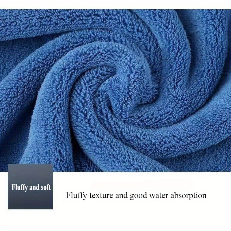 Set of 3 large microfiber bathroom face towels in blue, white, and dark teal with "D" label. Ultra-soft, super absorbent, quick-dry, low-lint, and five-star hotel grade.