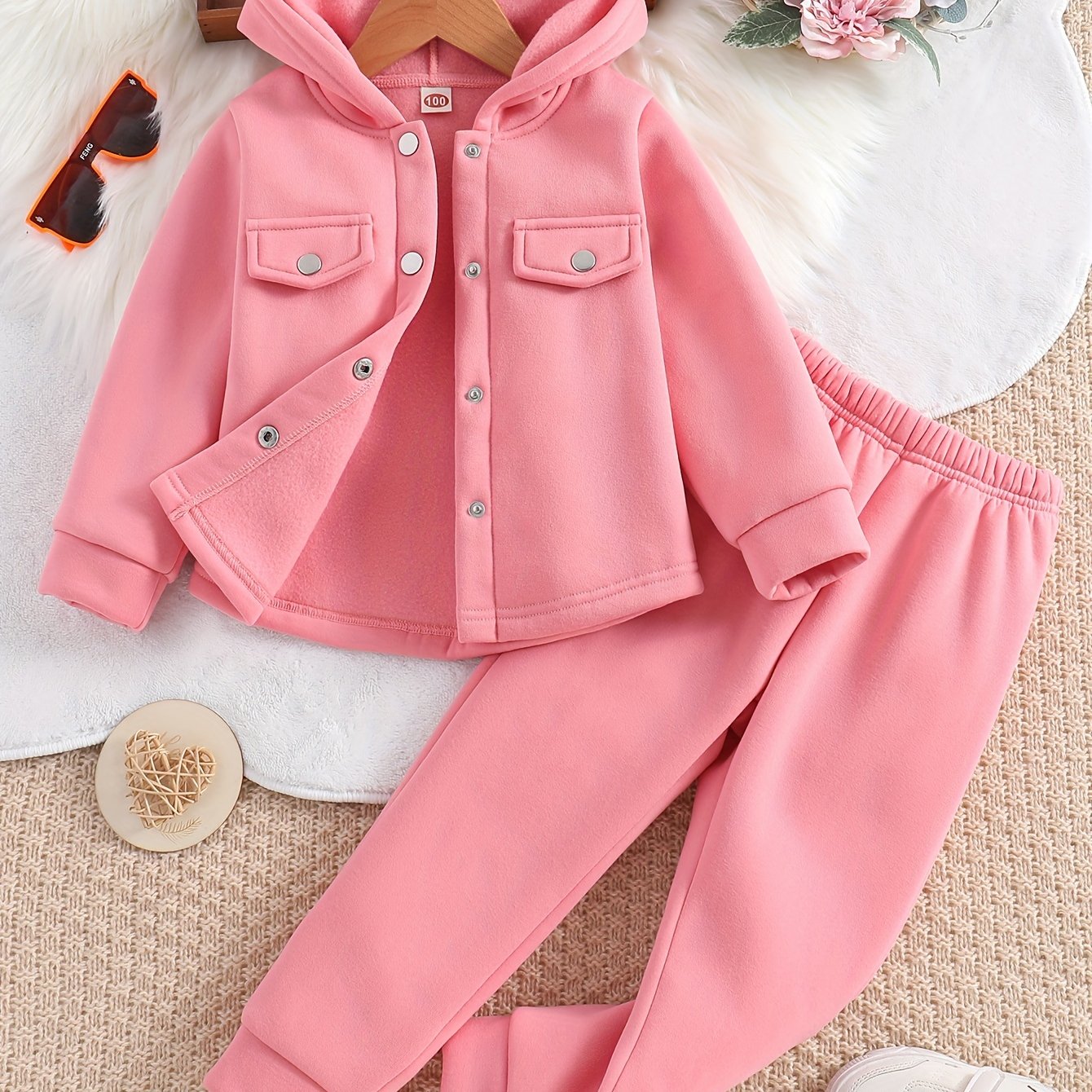 Set of girls' hooded jacket and jogger pants for autumn outdoor activities.