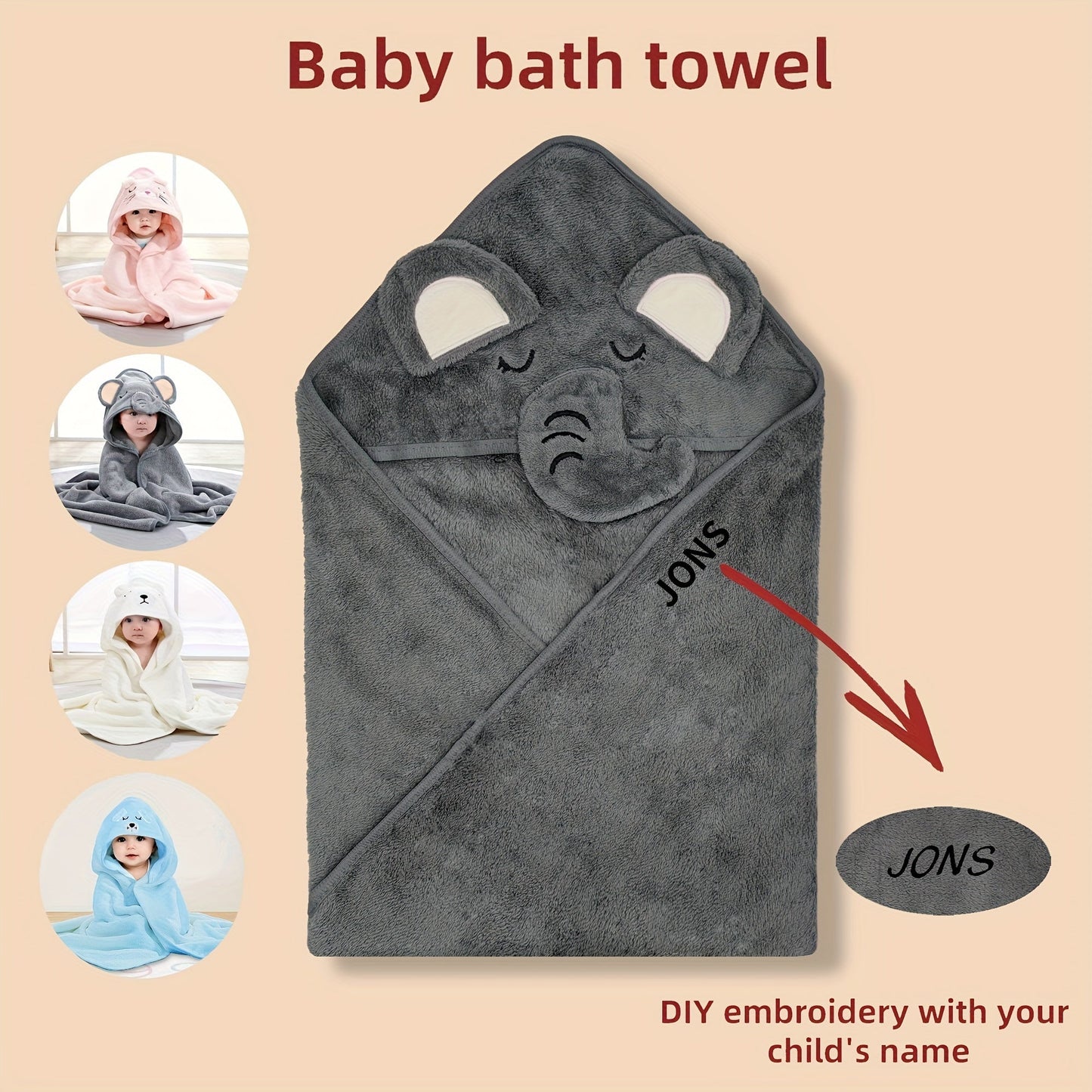 Personalized Hooded Bath Towel with Embroidered Name for Kids - Made with Soft Polyester, Ideal for Christmas and Gift Giving - Choose from Gray, White, Pink, or Blue Options