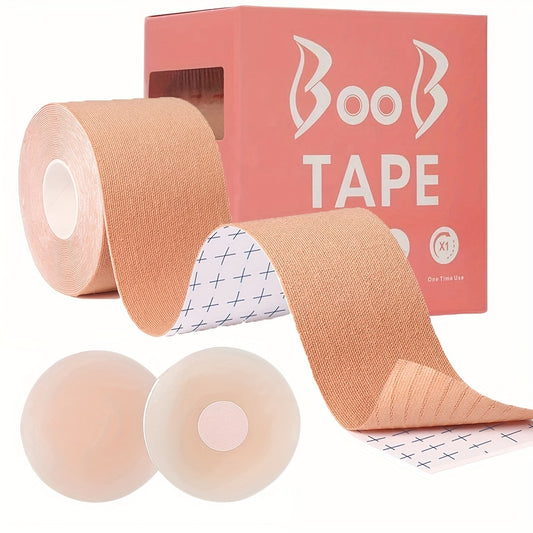 Breathable breast lifting tape with nipple pasties for strapless dresses and lingerie.