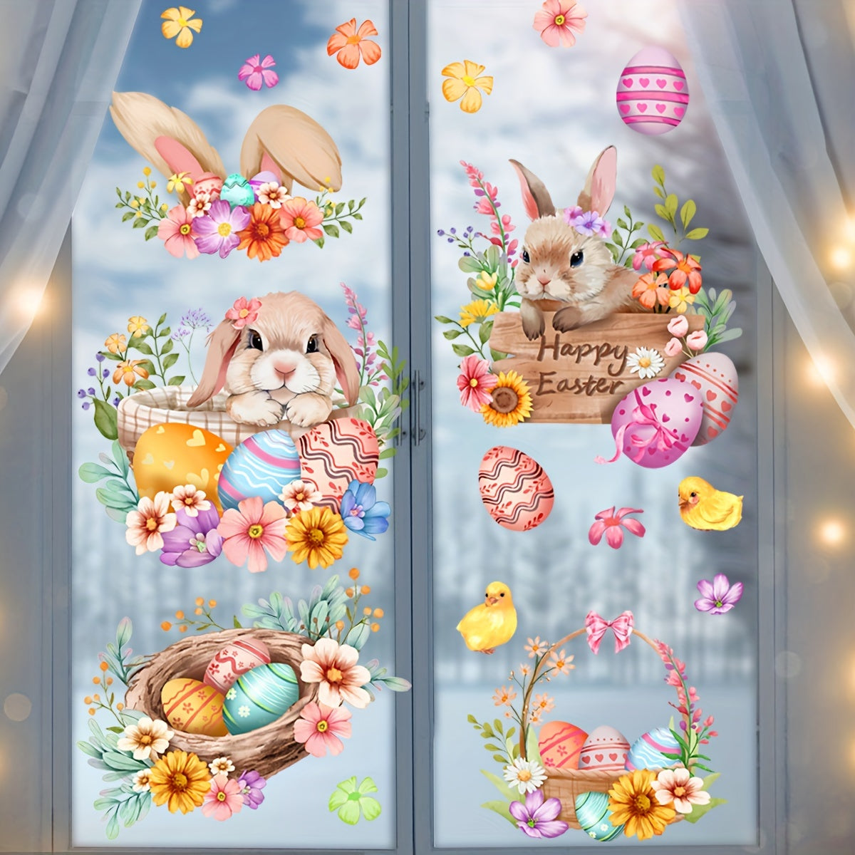 DJ8019-NH Easter Bunny and Eggs Window Clings feature a contemporary style design made of PVC static cling material. These decals are reusable and have a double-sided print. They are 5mil thick and come in an irregular shape, measuring 30x60cm. Perfect