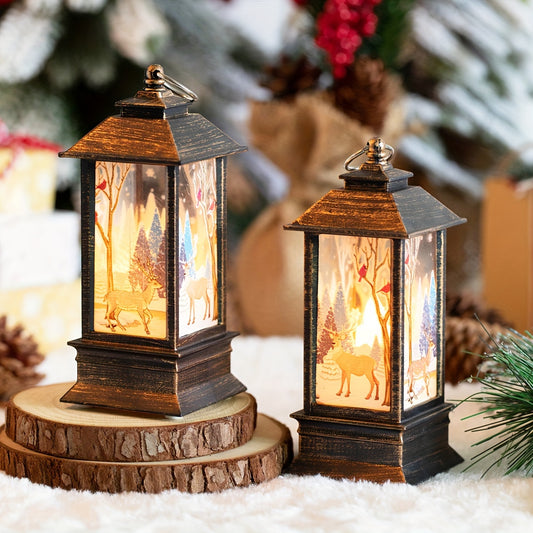 Retro Christmas lantern with Santa, elk, and snowman patterns, perfect for tabletop décor or gifting.