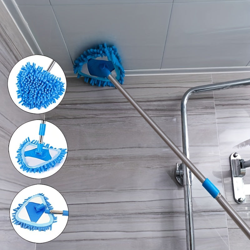 Multi-functional extendable mop with resin head, retractable wall and ceiling cleaning tool, no batteries required. Perfect for toilet and home use, ideal for cleaning air conditioners. Adaptable and sturdy plastic design, great for floor cleaning.