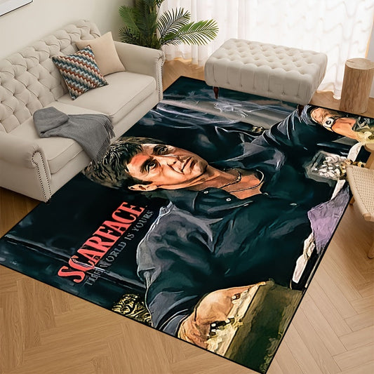 A non-slip resistant rug featuring a man sitting on a dark black background, wearing a deep blue shirt. This machine-washable, waterproof carpet is perfect for the entryway, living room, bedroom, outdoor patio, garden, or yard. Add a touch of style and