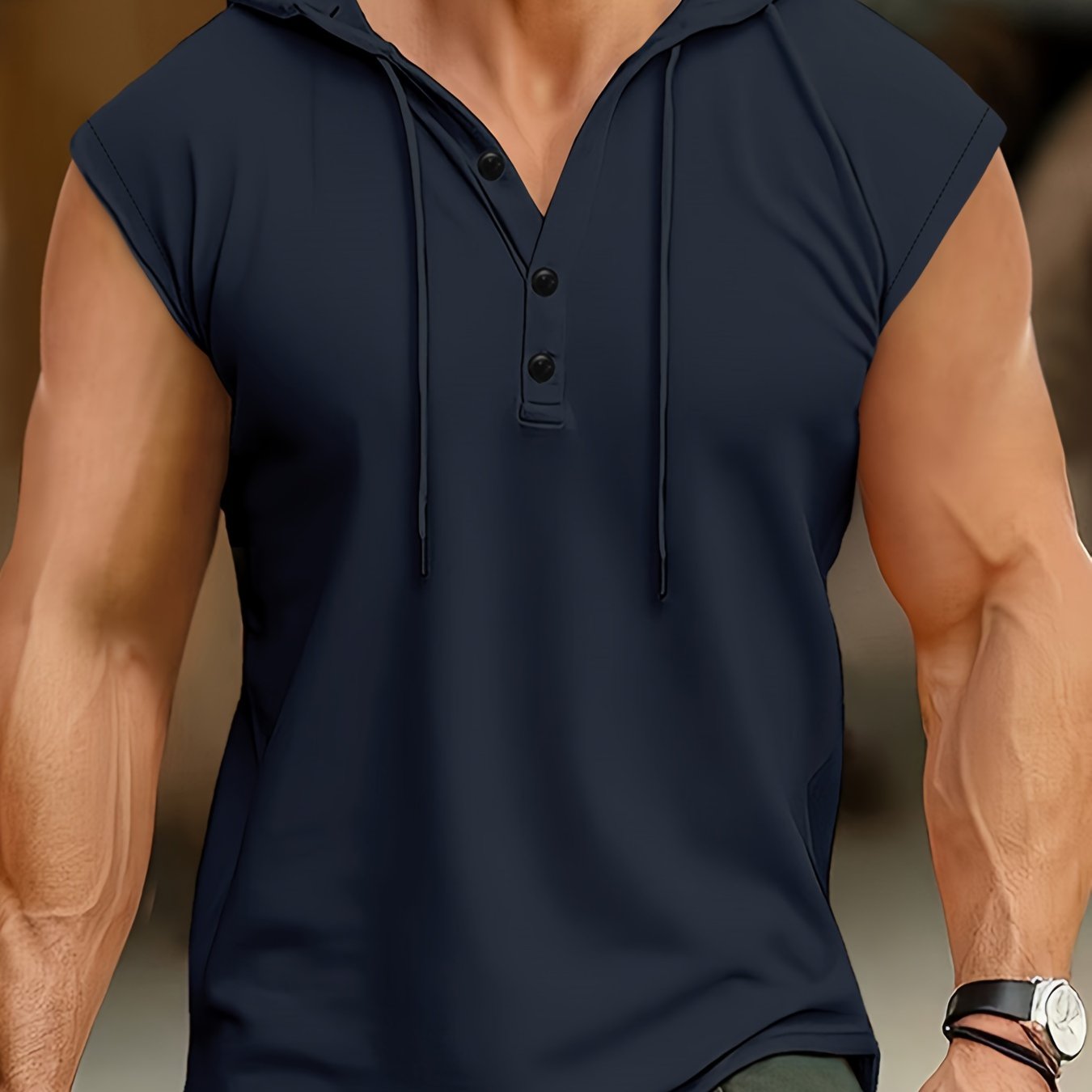 Lightweight, breathable polyester sleeveless hooded Henley shirt for men, perfect for summer casual or sporty wear. Features button detailing and is machine washable.