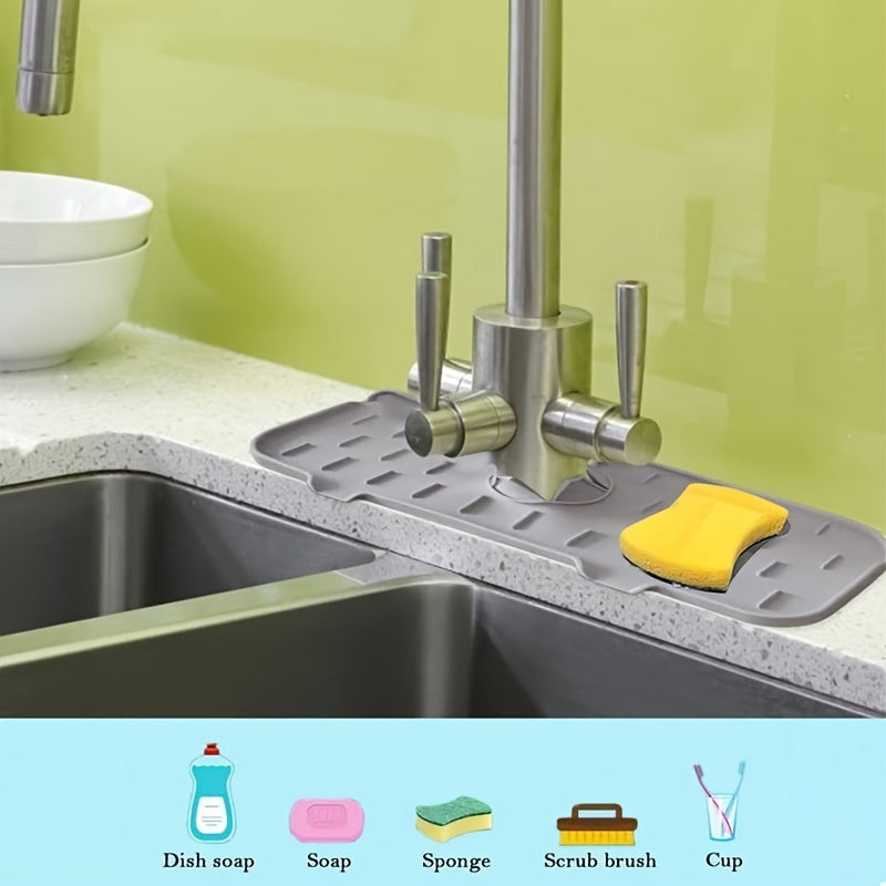 Folding Silicone Faucet Splash Guard and Sponge Holder - Protects Kitchen and Bathroom Countertops with a Convenient Mat