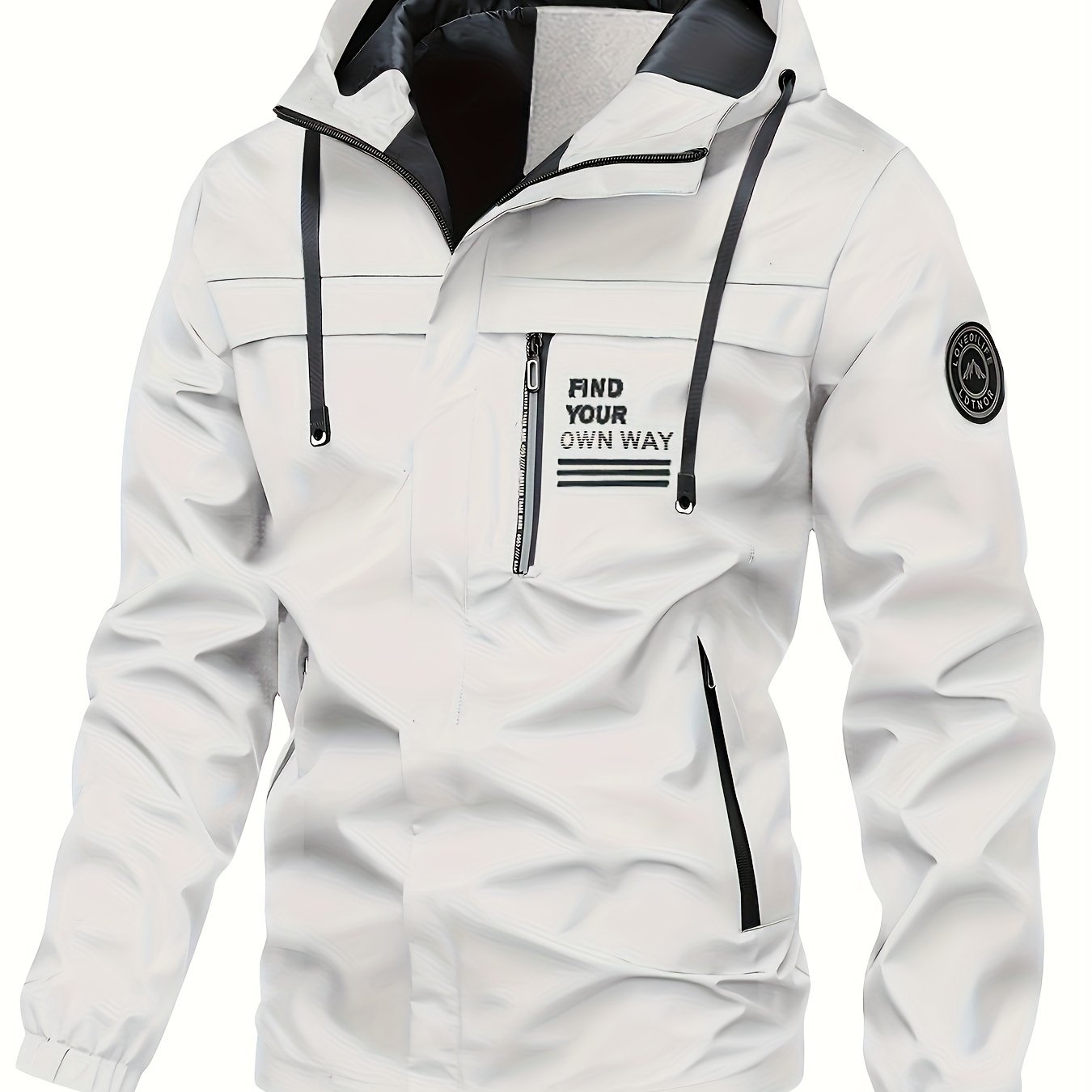 Men's Hooded Jacket with Stylish Letter Pattern, Zip-Up design, Pockets, and Machine Washable.