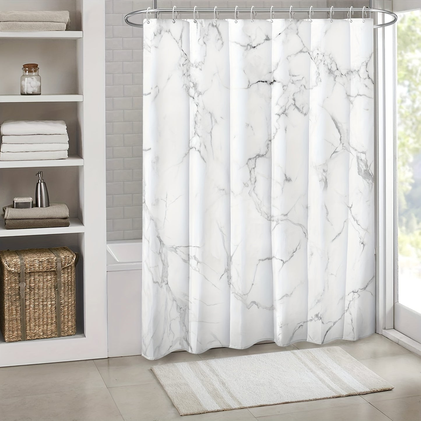 1pc Marble Pattern Shower Curtain in Light Grey Striped White, Waterproof with Plastic Hooks. Machine washable, suitable for home and hotel bathrooms.