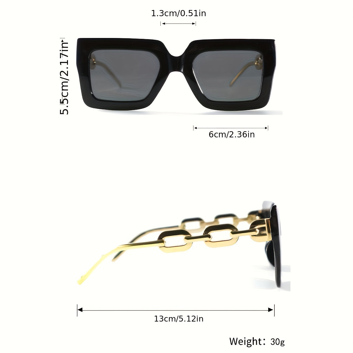 5-Pack Women's Square Glasses with Large Frame and Golden Chain, Multicolor Polycarbonate Lens, Ideal for Daily Use and Vacation.