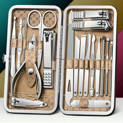 Professional 19-piece stainless steel nail care set for manicures and pedicures, includes cuticle nippers, clippers, files, and grooming tools. Ideal for precision trimming and shaping