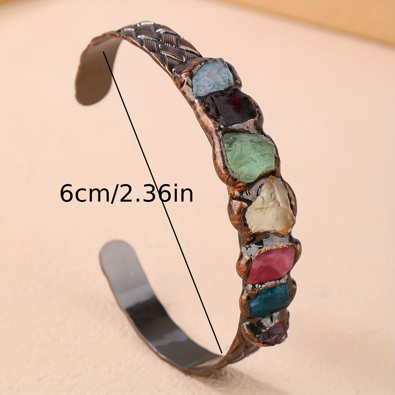 Handmade Bohemian Copper Cuff Bracelet adorned with 7 gemstones, featuring a unique burnt welded design. This beautiful piece showcases a vibrant mosaic of natural rock crystals, making it a perfect accessory for summer parties and Mardi Gras