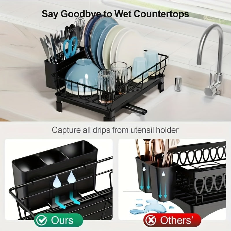 Single layer dish drying rack with utensil holder and drain spout, designed for kitchen countertop and sink. This large capacity dish rack is compact and efficient, perfect for organizing and storing kitchen accessories.