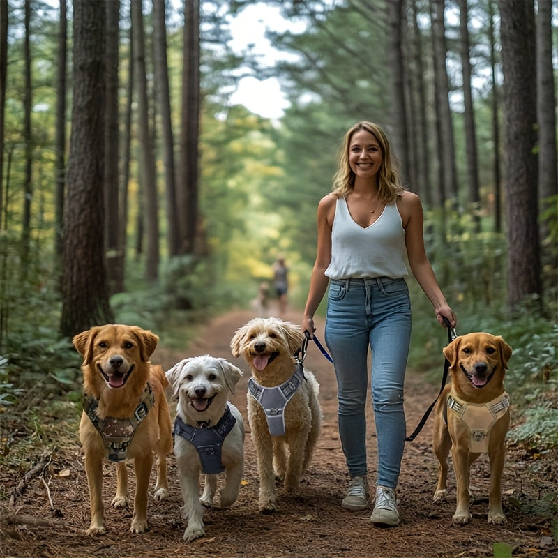 Reflective chest strap for medium to large dogs with adjustable vest and handle, suitable for bulldogs. Does not include battery.