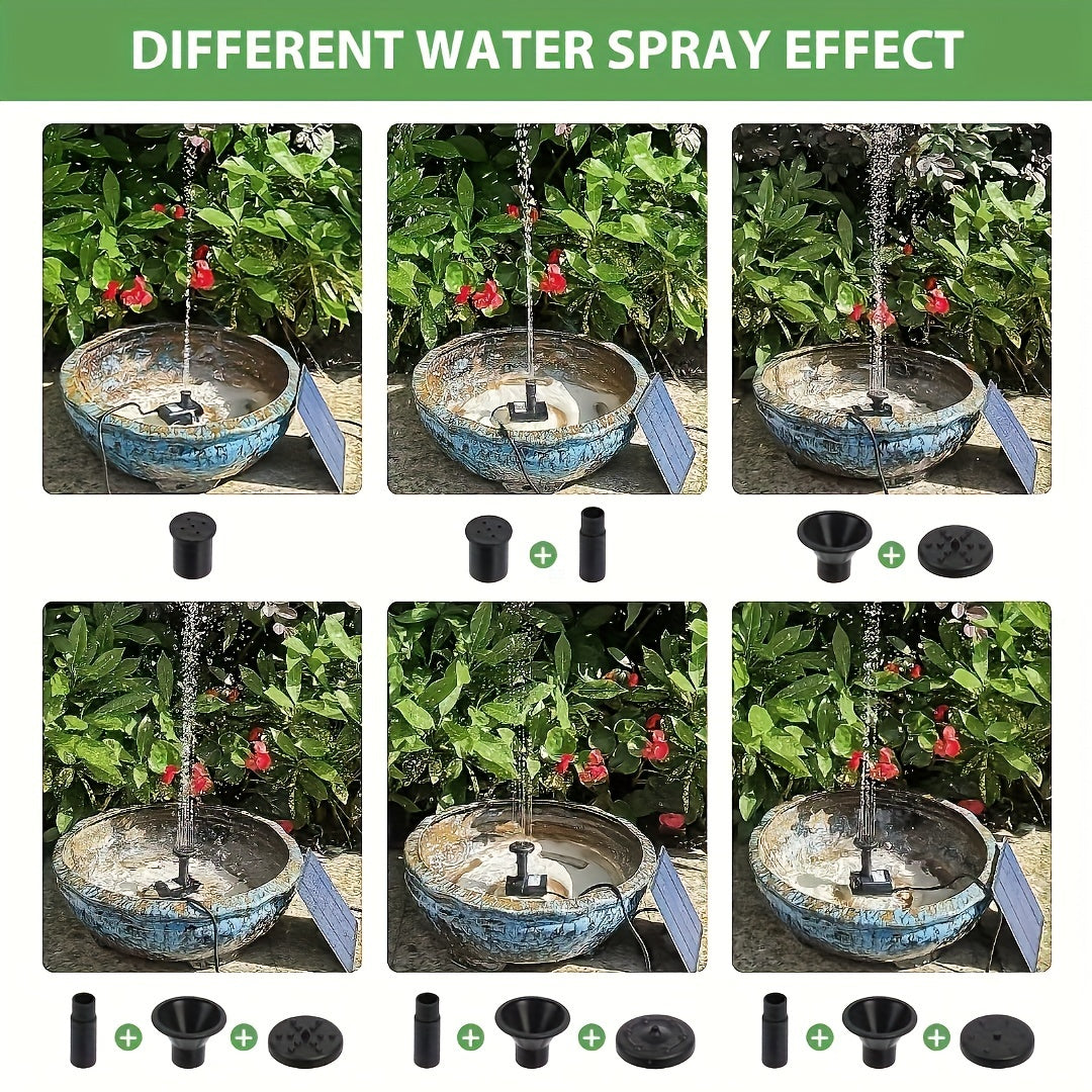 Solar-powered bird bath pump with removable photovoltaic module, ideal for garden, pond, pool, outdoor use.