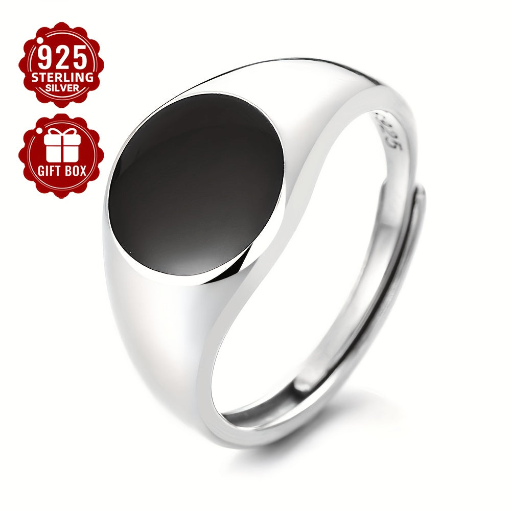 [Top Pick] Stylish S925 Sterling Silver Couple's Rings - Classic Black Enamel Band & Sleek Square Beveled Edge Ring, Perfect for Everyday Wear & Special Occasions, Comes with Gift Box, Timeless Design, Round Shape, Lightweight at 4.4g