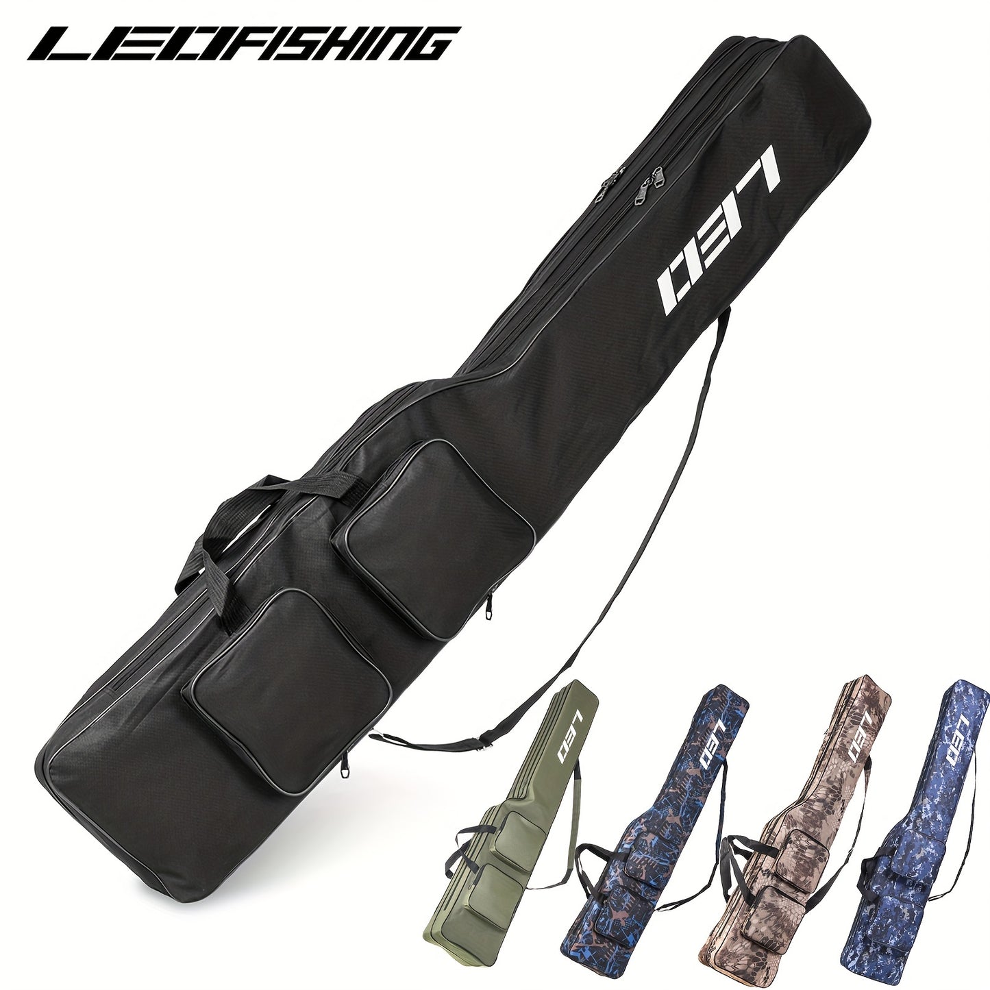 130cm/4.27ft Portable fishing rod and reel organizer. Two-layer durable Oxford storage bag for travel fishing gear.