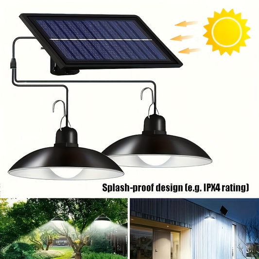 Solar-powered pendant lamp with 1 or 2 LED lights suitable for indoor and outdoor use, ideal for lighting walls, corridors, sheds, barns, garages, gardens, and patios.