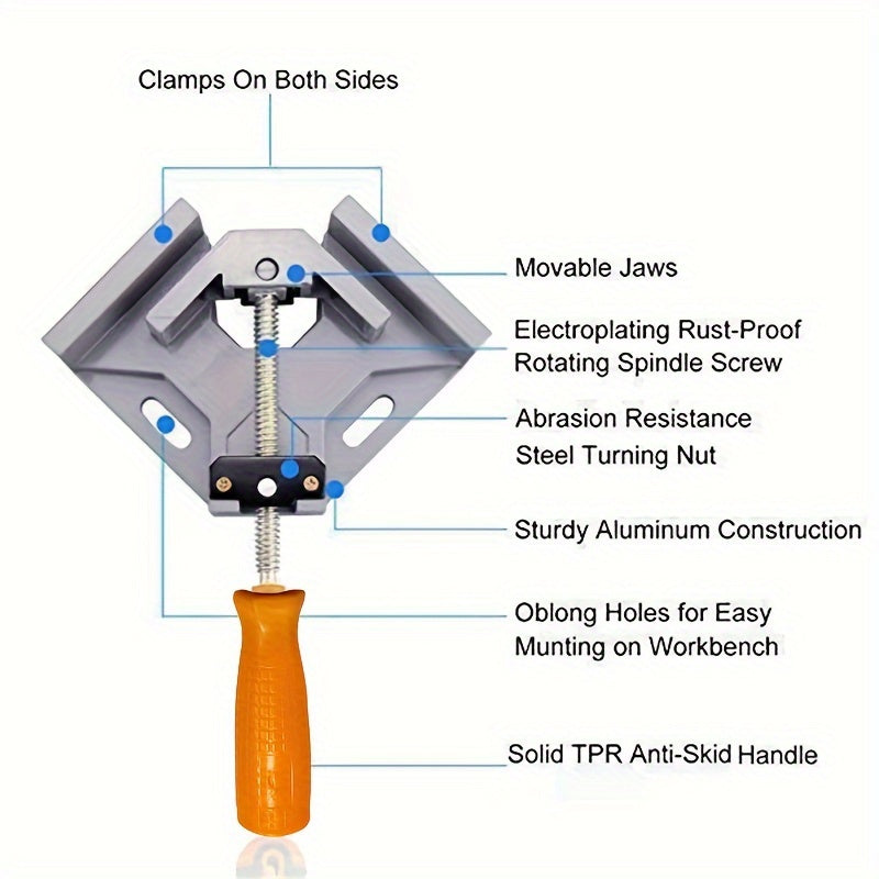 Aluminum clamp for welding, woodworking, and picture frames, creates 90 degrees angle