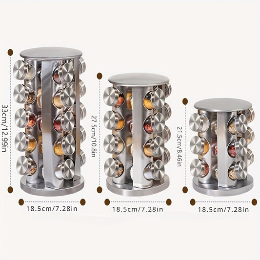 Rotating Spice Rack Organizer: 12/16/20 Jars for Seasonings, Stainless Steel, Perfect for Cabinets and Kitchen Countertops, Includes Reusable Labels and Funnel