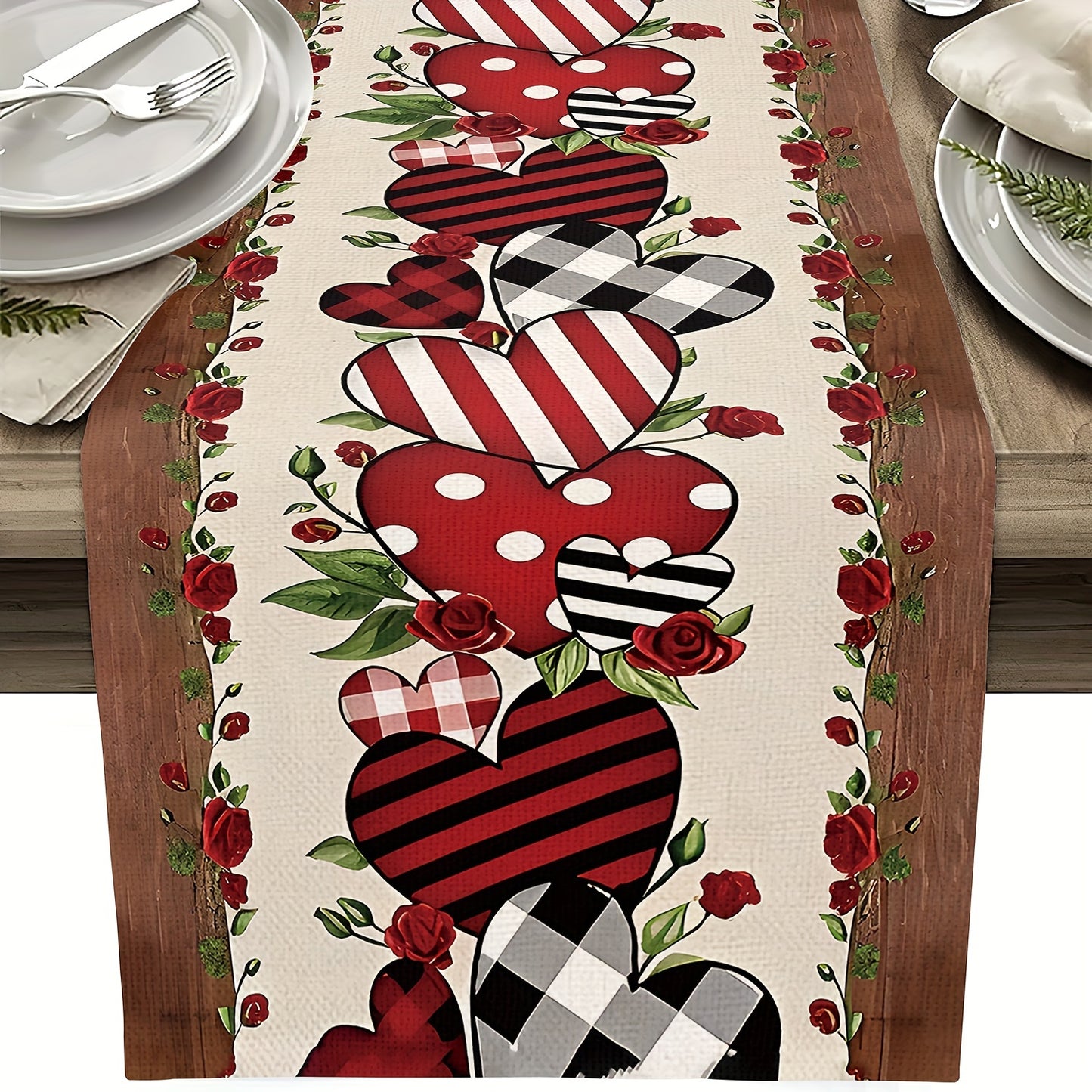 Washable kitchen table runner with Valentine's Day theme, red heart leaf design, and non-slip insulated backing. Perfect for parties and adding a festive touch to your table.