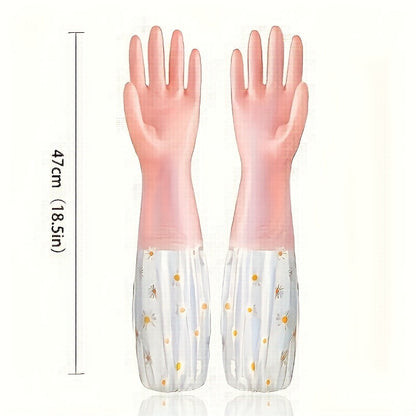 These chic small daisy-patterned rubber cuff gloves are perfect for household chores and kitchen cleaning. Made of durable rubber latex with a non-slip design, they are both elegant and practical.