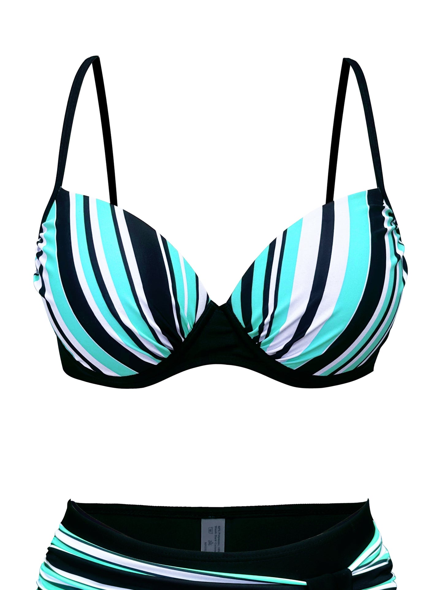 Striped print 2-piece bikini with V-neck and high-cut design.