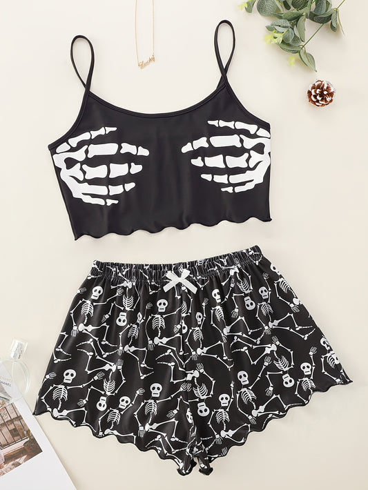 Skull palm print garter top va mos keluvchi skull print shortlar bilan pijama to'plami.