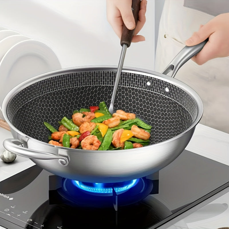 Stainless Steel Wok Pan with Glass Lid - Non-Stick, Easy to Clean, Suitable for Induction & Gas - Hand Wash Only - Includes Lid - Perfect for Cooking Fish, Eggs, Steak - Must-Have Kitchen Item