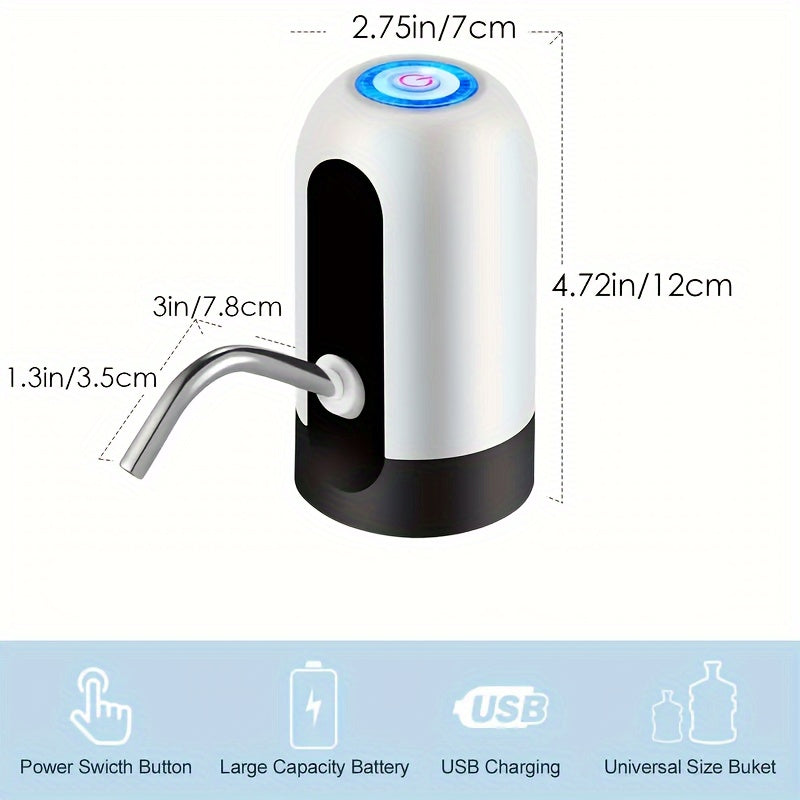 USB rechargeable water pump for 7.57-18.93 L jugs, with digital display. White and blue design, perfect for home, office, and camping.