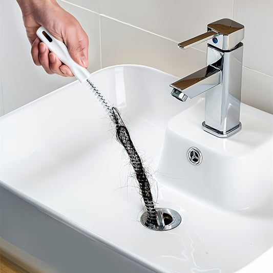 Non-electric, manual unclogging brush for flexible pipes in the bathroom.