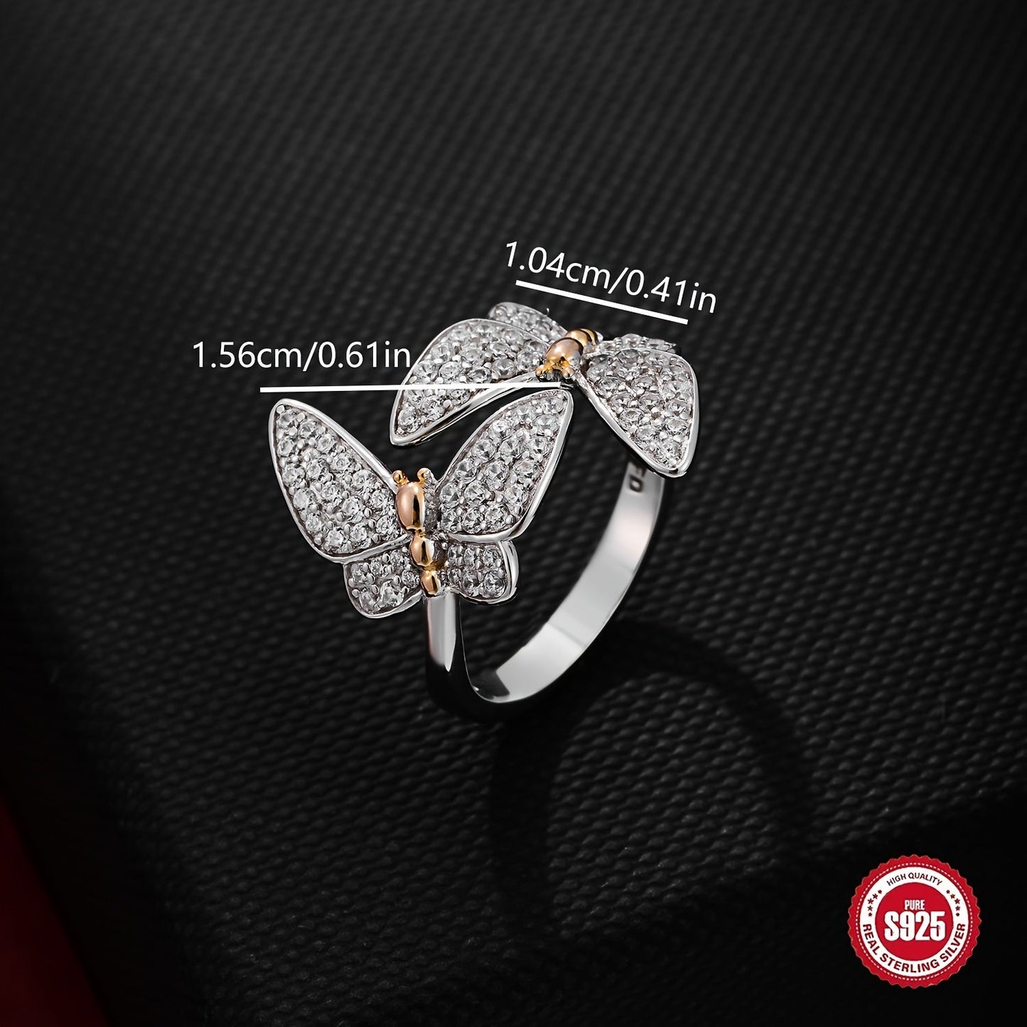 This elegant S925 silver double butterfly ring set with full zirconia is both stylish and delicate. It features an adjustable opening, making it a perfect gift for your girlfriend on Valentine's Day. It is also suitable for wearing with banquet outfits.