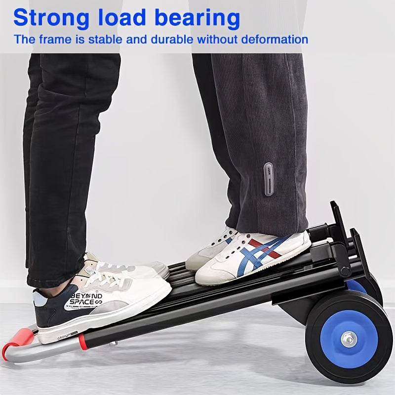 Compact folding hand truck for medium duty tasks, features ergonomic handle, durable steel frame, and plastic wheels. Ideal for shopping, moving luggage, or transporting cargo. Suitable for