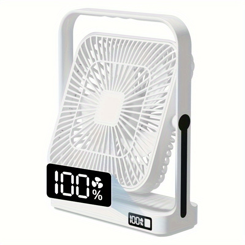 Introducing the Goard 8-inch Portable High-Velocity Table Fan with Digital Display and 5-Speed Button Control. This fan features a 360° rotating design and is USB rechargeable, making it perfect for travel, office, or home use. Made with ABS material and