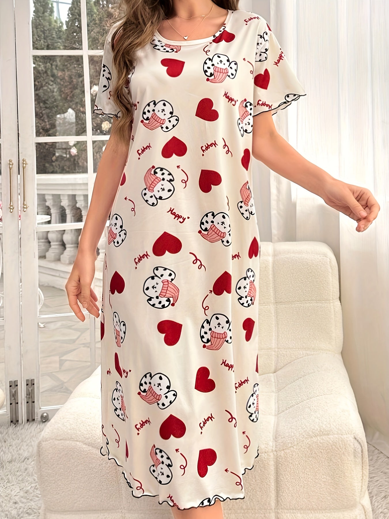 Cozy pajama dress with spotted dog & heart print, short sleeve, round neck, soft poly blend, machine washable