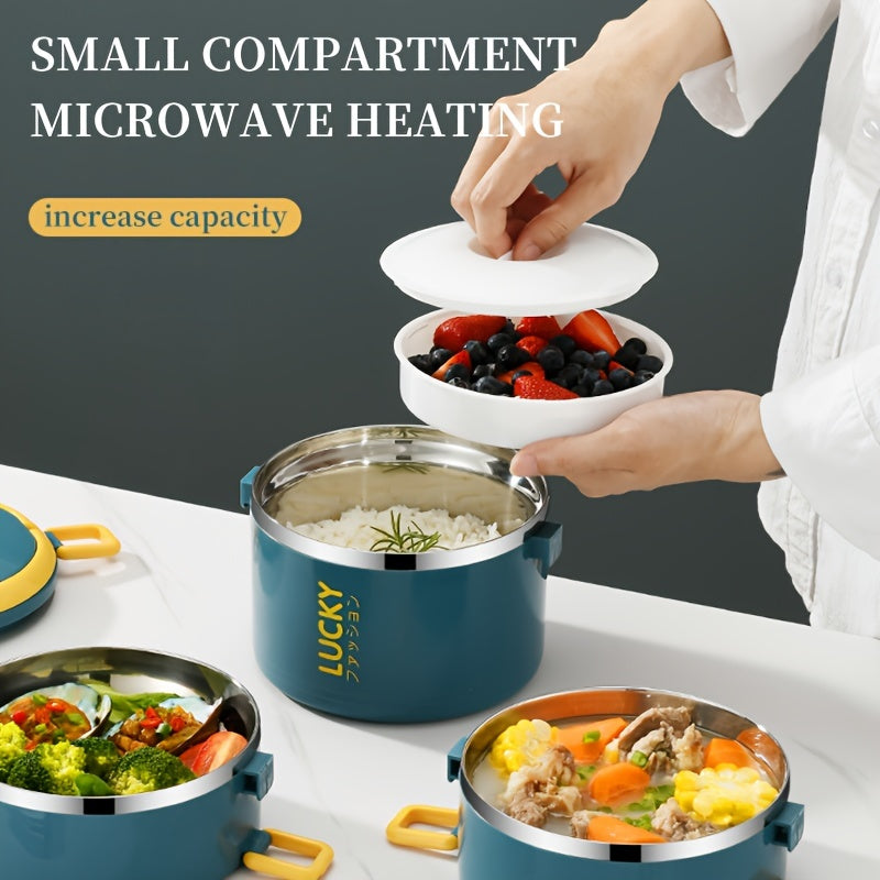 Upgrade your lunch game with this durable Large Capacity Stainless Steel Insulated Lunch Box Set! Perfect for school, picnic, camping, or work, this reusable and leak-proof bento container comes with a thermal bag and cutlery for convenience. Easy to