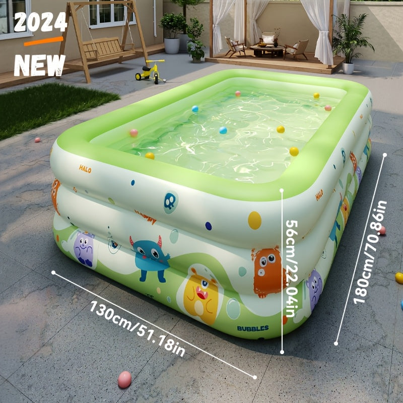 Large family-sized PVC inflatable swimming pool for outdoor parties and water fun. Includes multiple components and does not require electricity. Durable play pool.