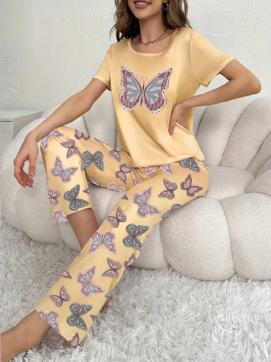 Women's Butterfly Pajama Set - Polyester Knit, Round Neck, All-Season Comfort, Adult Sleepwear with Butterfly Design