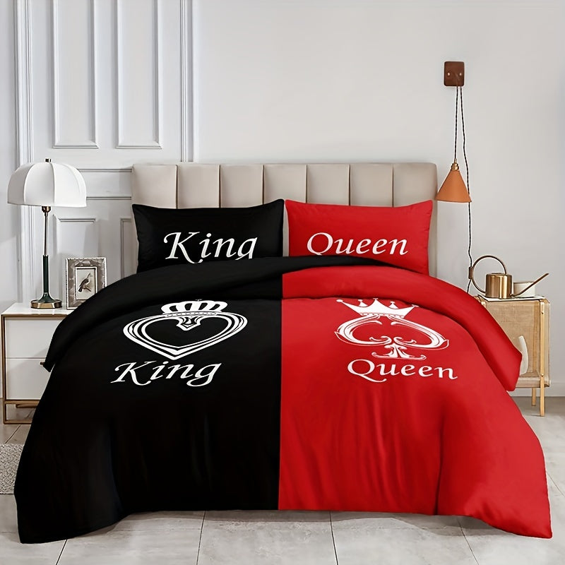 Black and red crown pattern bedding set includes 3 pieces: 1 duvet cover and 2 pillowcases. Soft and perfect for bedroom or guest room. Duvet cover set does not include core.