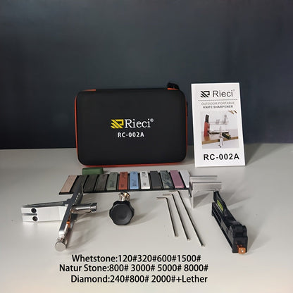 The Ricie RC-002A Professional Knife Sharpener Set features three diamond whetstones (240/800/2000#) for adjustable angles, making it a manual kitchen knife sharpening system. No electricity is needed thanks to its metal construction.