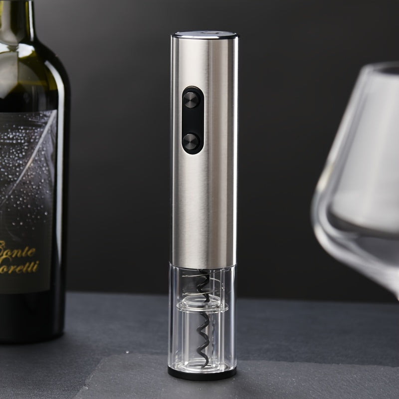 This Electric Wine Bottle Opener features a stylish CD Pattern design in durable Stainless Steel. The Automatic Corkscrew requires 4 AA Batteries (Batteries not included).