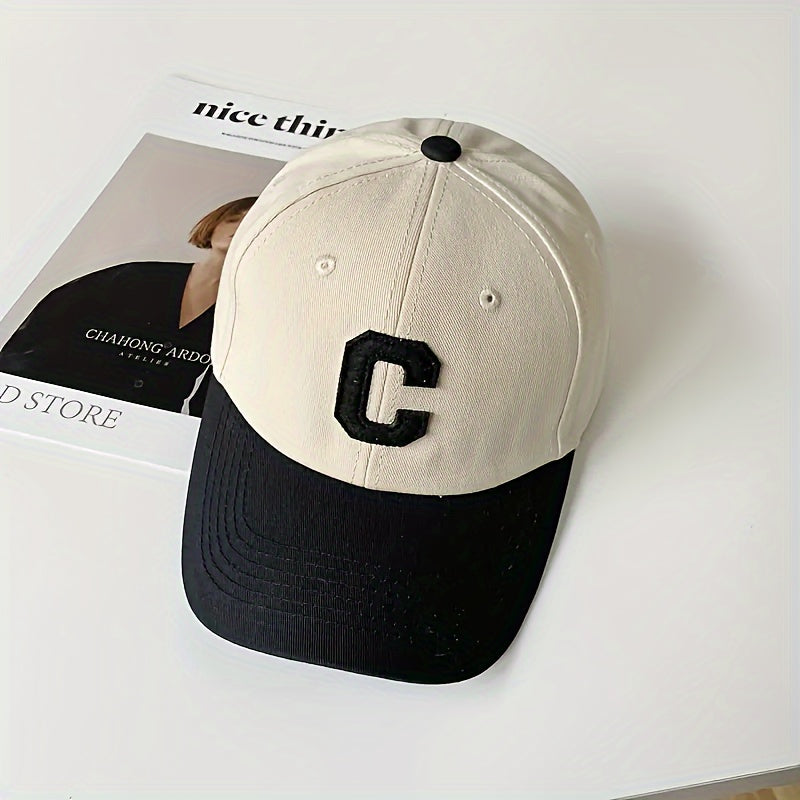 Cotton knit baseball cap with C letter embroidery, adjustable buckle back, lightweight and versatile for all seasons - perfect for outdoor casual wear.