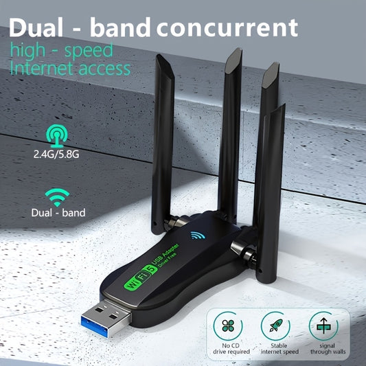 Dual-band 2.4G/5.8G Wifi adapter, 1300Mbps, USB interface, strong wall penetration, 4 antennas, high-speed internet, low latency, and reliable connectivity.