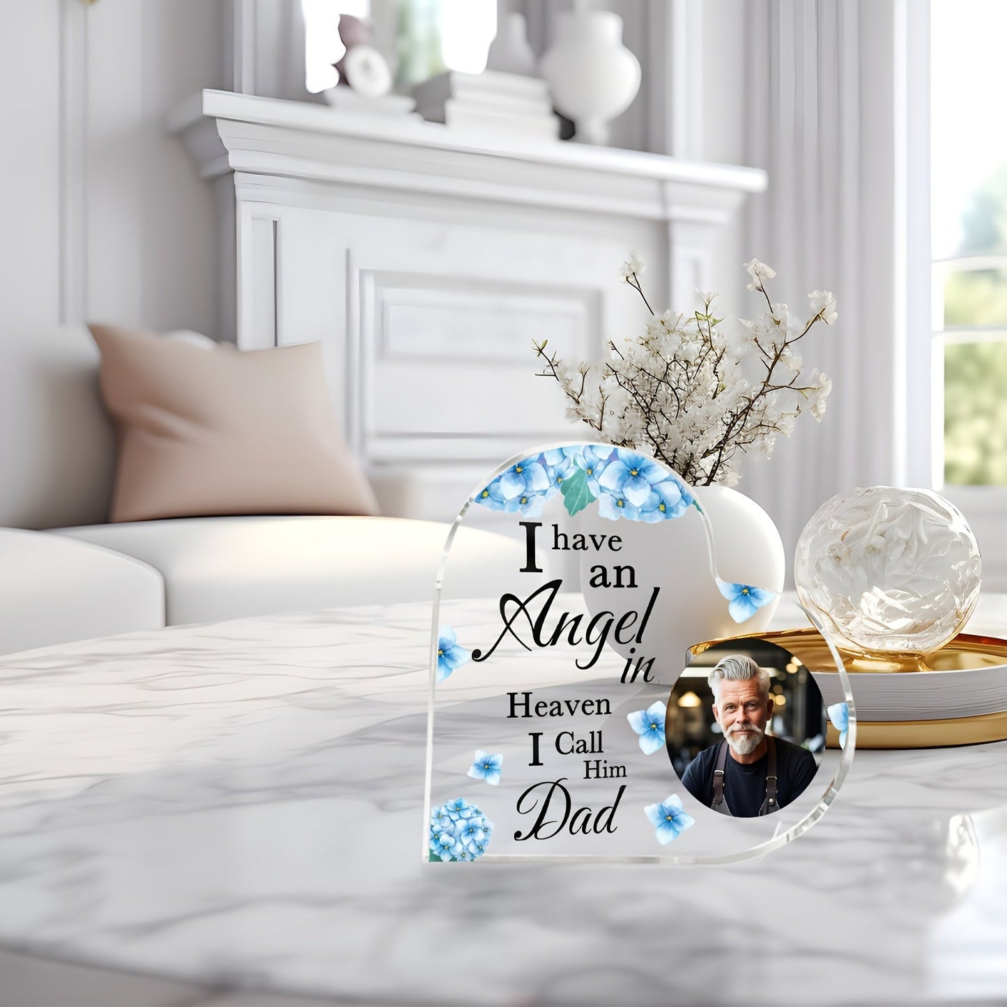 Customized Acrylic Heart-Shaped Photo Plaque honoring Dad's memory - "I Have a Guardian Angel in Heaven" - A Tribute for Father's Day, perfect for Home or Office Decoration